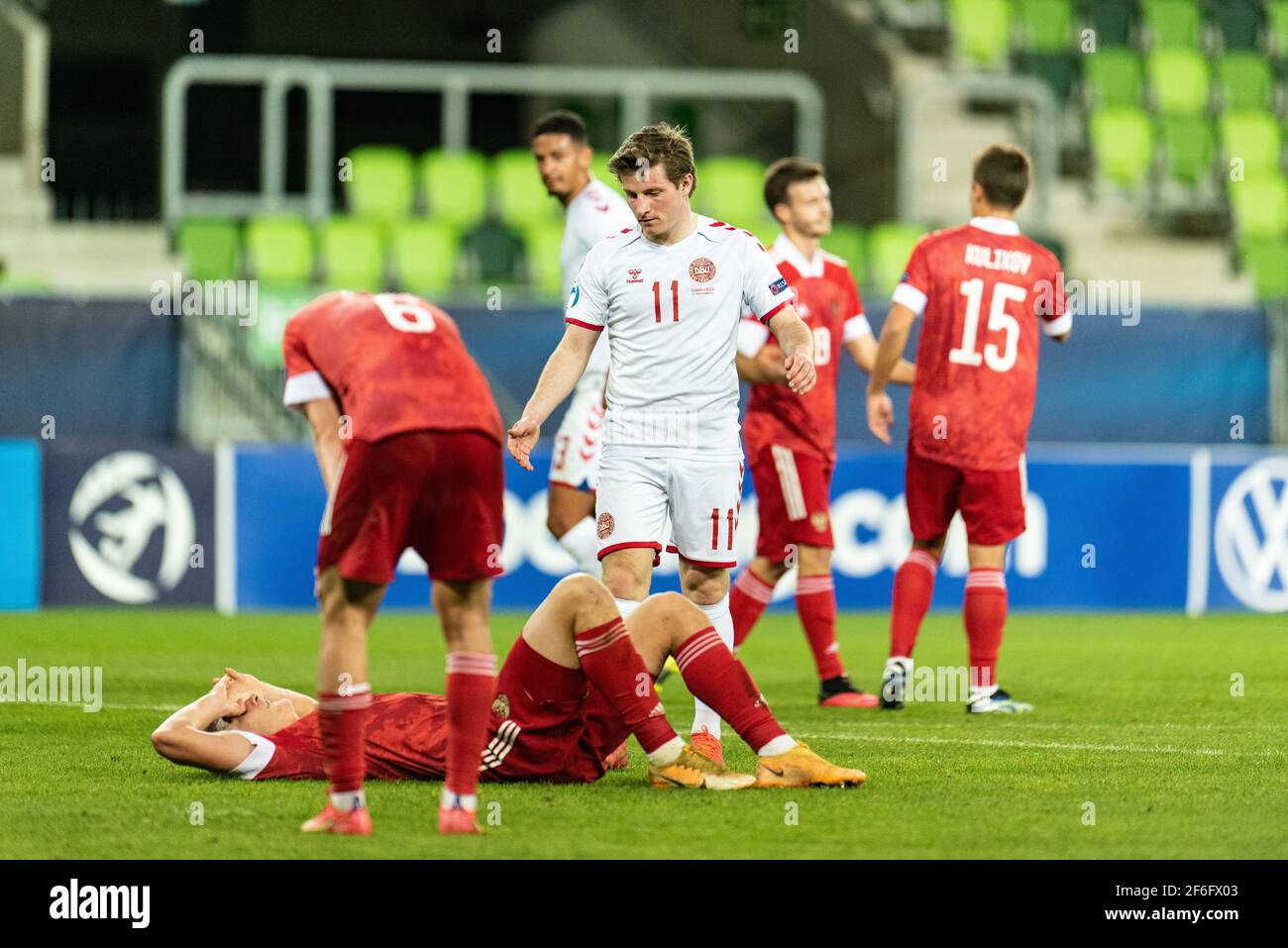 Szombathely, Ungarn. März 2021, 31st. Anders Dreyer (11) aus Dänemark gesehen nach dem UEFA EURO U-21 Spiel zwischen Dänemark und Russland im Haladas Stadion in Szombathely. (Foto Kredit: Gonzales Foto/Alamy Live News Stockfoto