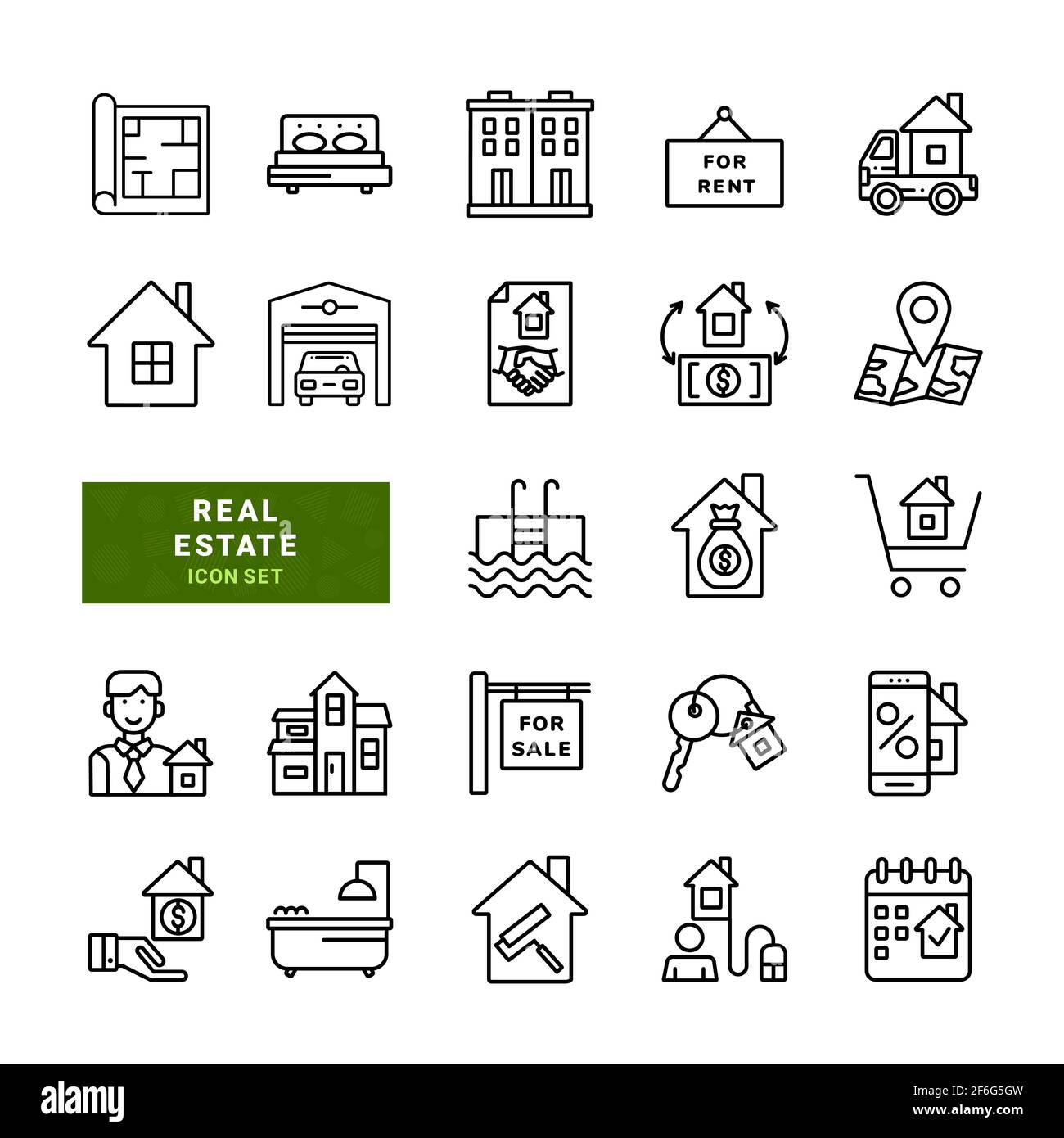 Real Estate Related Simple Vector Line Icons. Enthalten die Symbole wie Karte, Immobilien, Schlafzimmer, Eigentum, Bereich, Hypothek und mehr. Vektorgrafik. Stock Vektor