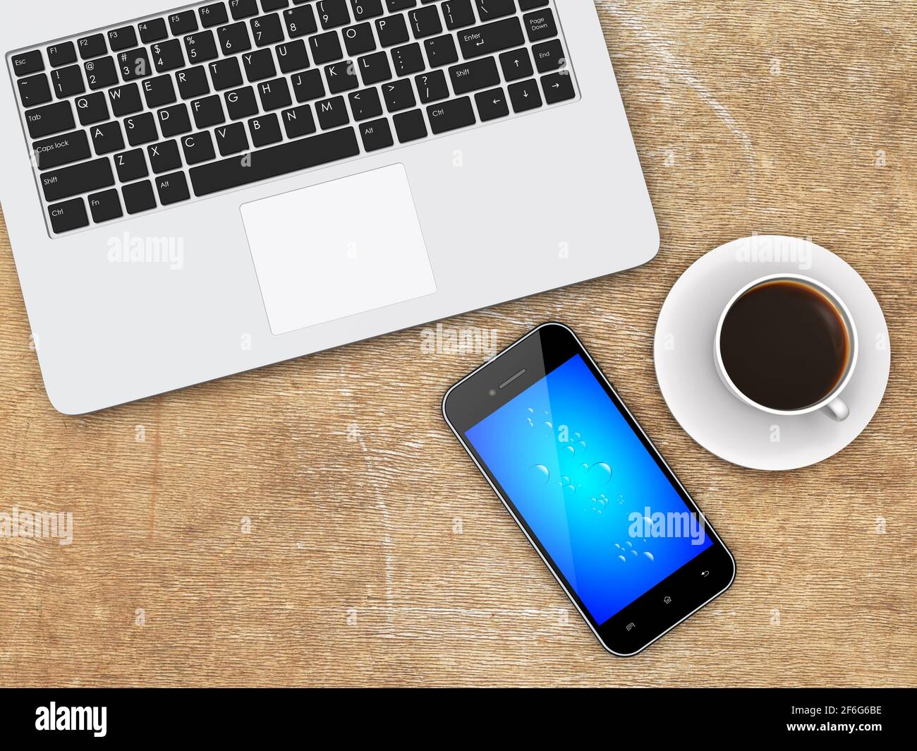 Laptop, Mobiltelefon und eine Tasse Kaffee auf einem Holz zerkratzten Schreibtisch Stockfoto