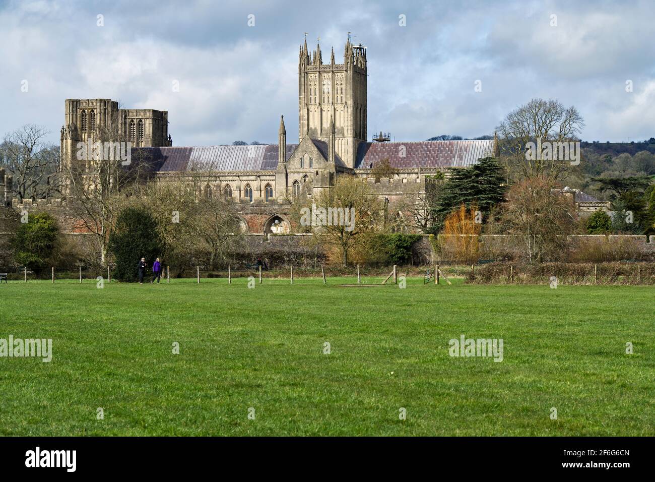 Blick auf die Kathedrale von Wells von den Bishop's Palace Fields Stockfoto