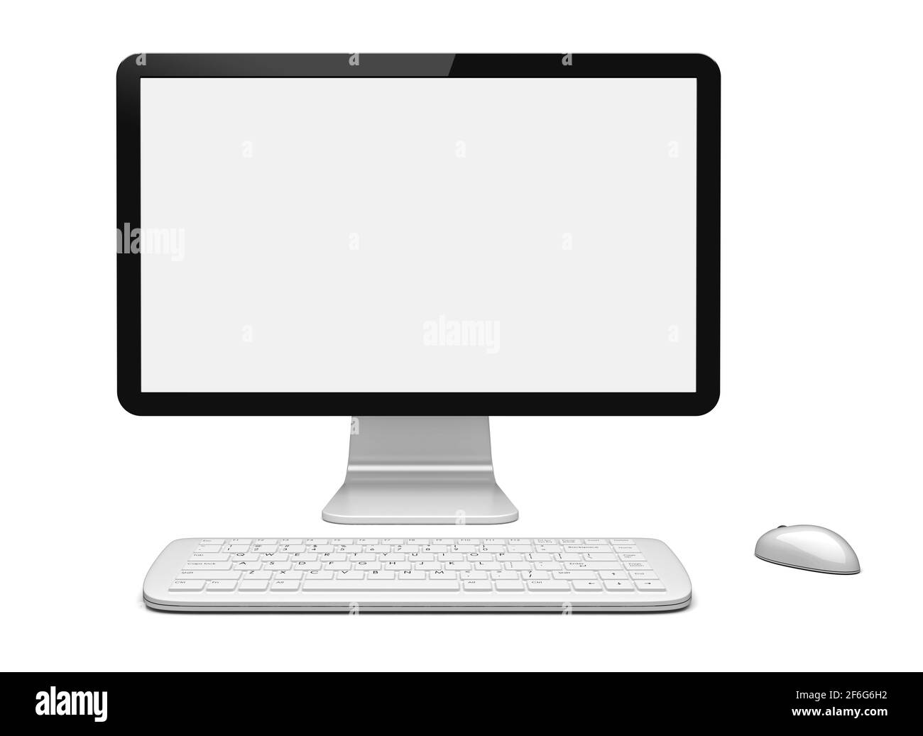 Desktop-pc-Computer mit großem Breitbildschirm, Tastatur und Maus sowie leerem Bildschirm. Isoliert auf Weiß. 3d-gerendertes Bild Stockfoto