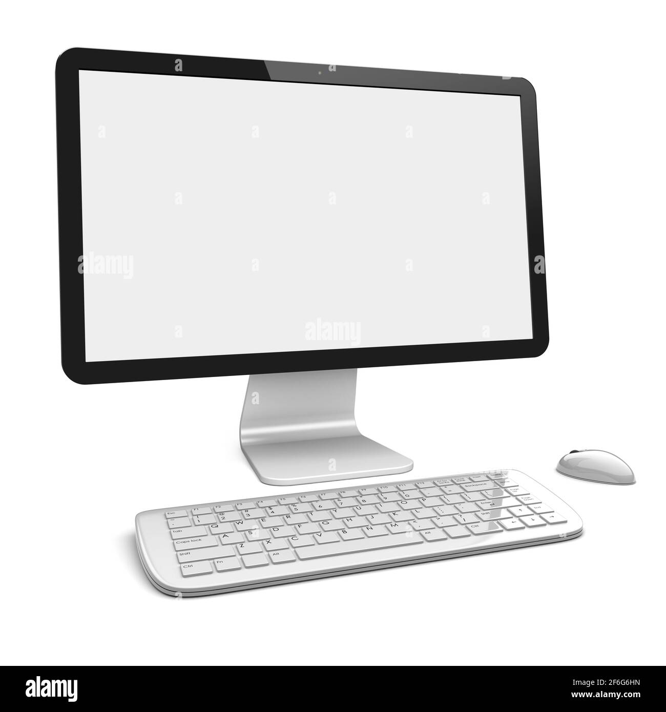 Desktop-pc-Computer mit großem Breitbildschirm, Tastatur und Maus sowie leerem Bildschirm. Isoliert auf Weiß. 3d-gerendertes Bild Stockfoto
