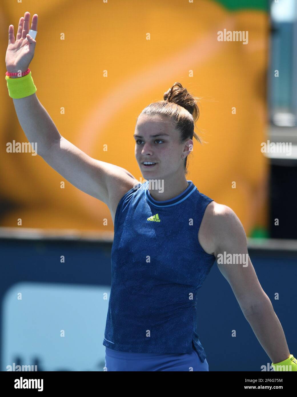 Miami Gardens, FL, USA. März 2021, 31st. Maria Sakkari gegen Naomi Osaka während des Viertelfinals bei den 2021Miami Open im Hard Rock Stadium am 31. März 2021 in Miami Gardens, Florida. Kredit: Mpi04/Media Punch/Alamy Live Nachrichten Stockfoto