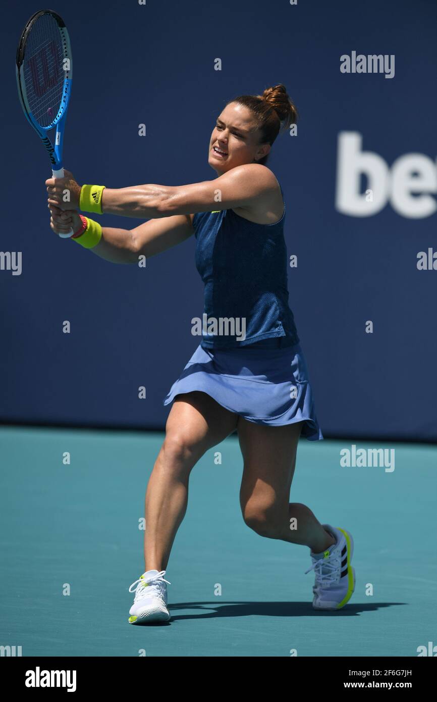 Miami Gardens, FL, USA. März 2021, 31st. Maria Sakkari gegen Naomi Osaka während des Viertelfinals bei den 2021Miami Open im Hard Rock Stadium am 31. März 2021 in Miami Gardens, Florida. Kredit: Mpi04/Media Punch/Alamy Live Nachrichten Stockfoto