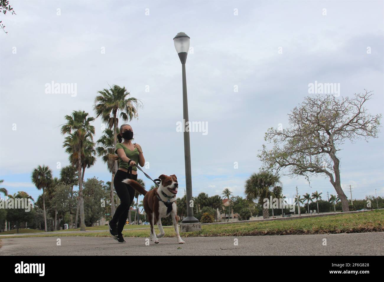 Frau läuft mit ihrem Hund in der neuen Normalität Stockfoto