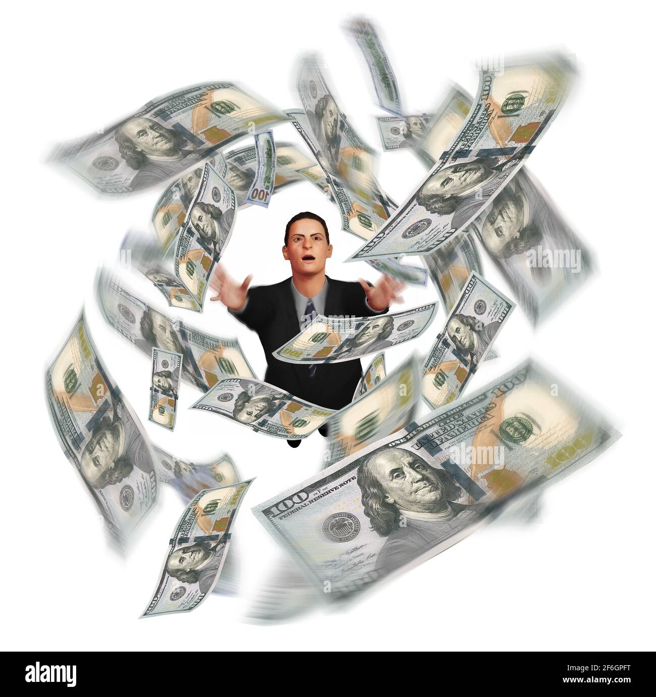 Ein Mann in einem Geschäftsanzug greift nach hundert Dollar-Scheinen, die in dieser 3-D-Illustration über die Unfähigkeit des Geldes über den Kopf wirbeln. Stockfoto