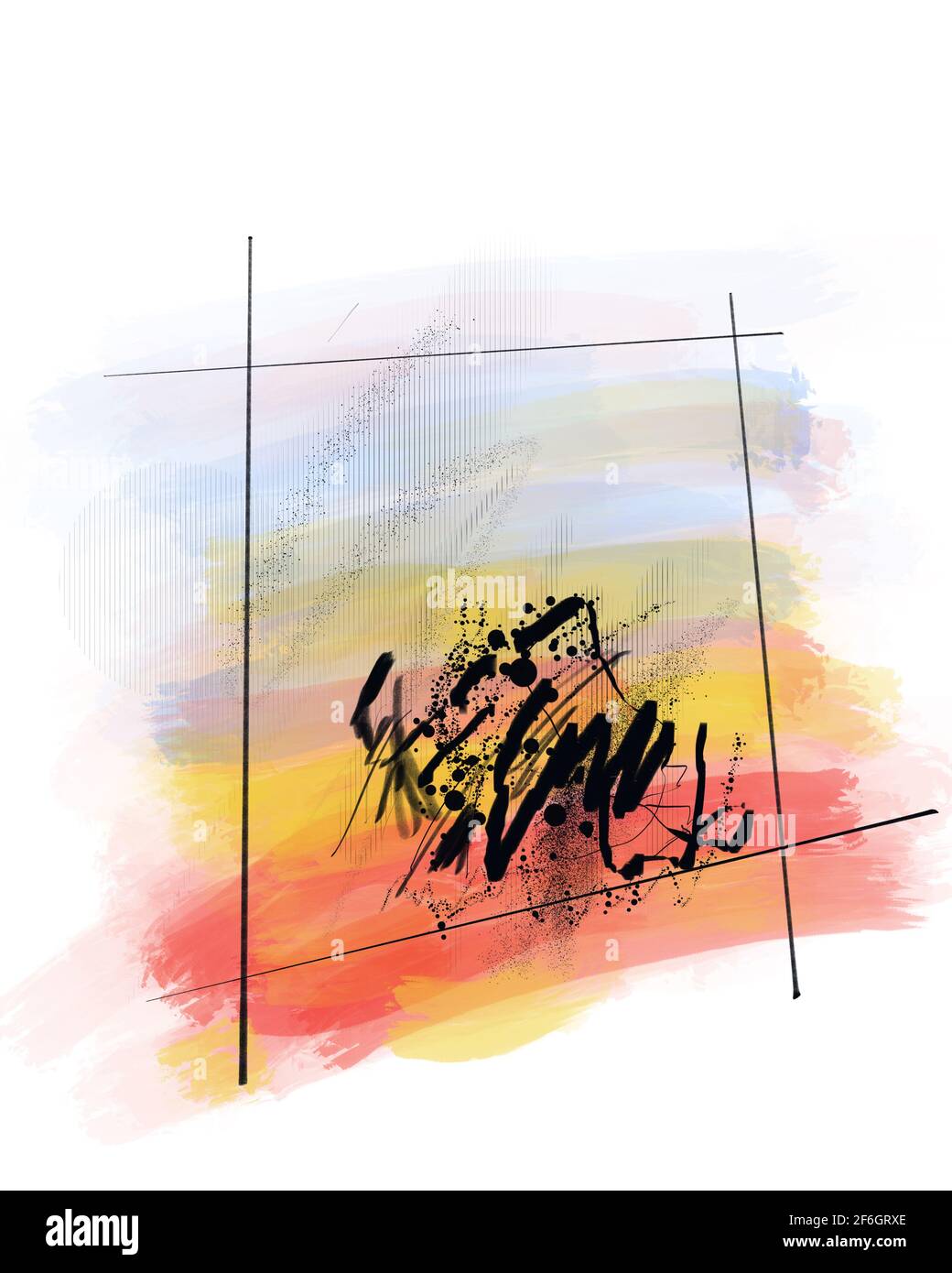 Lebendige Farben und schwarze Tinte in dieser modernen abstrakten digitalen Malerei. Stockfoto