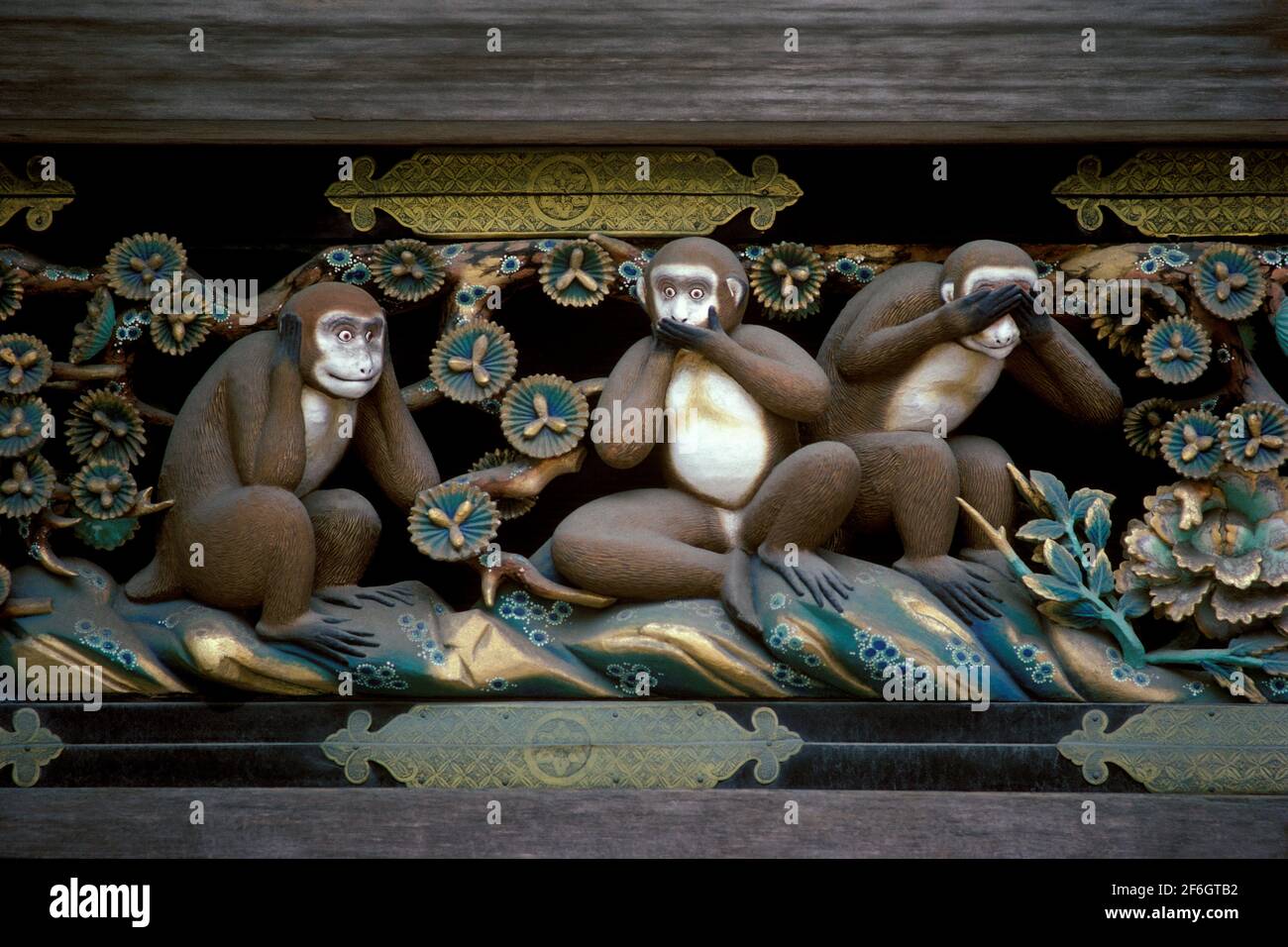 Holzskulptur der drei weisen Affen, Toshogu-Schrein, Nikko Japan Stockfoto