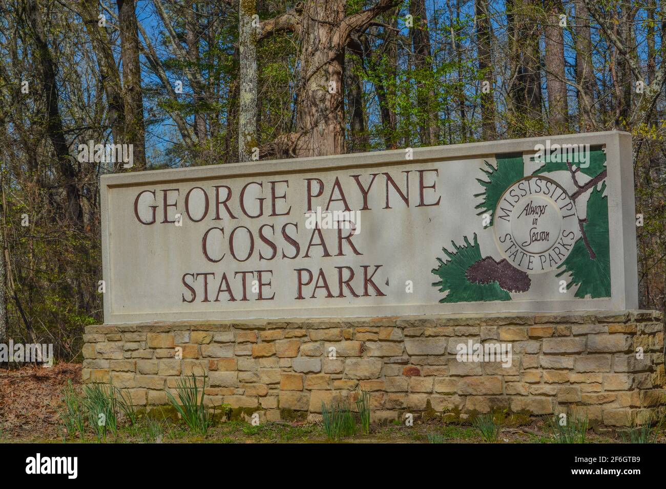 Das Schild zum George Payne Cossar State Park in Oakland, Yalobusha County, Mississippi Stockfoto