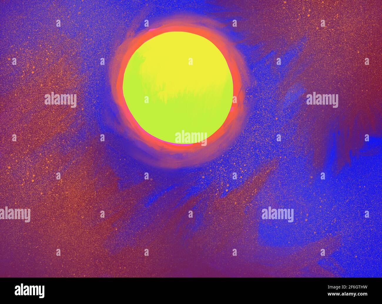 Ein digitales Gemälde einer leuchtend gelben Sonne irgendwo im Universum. Stockfoto