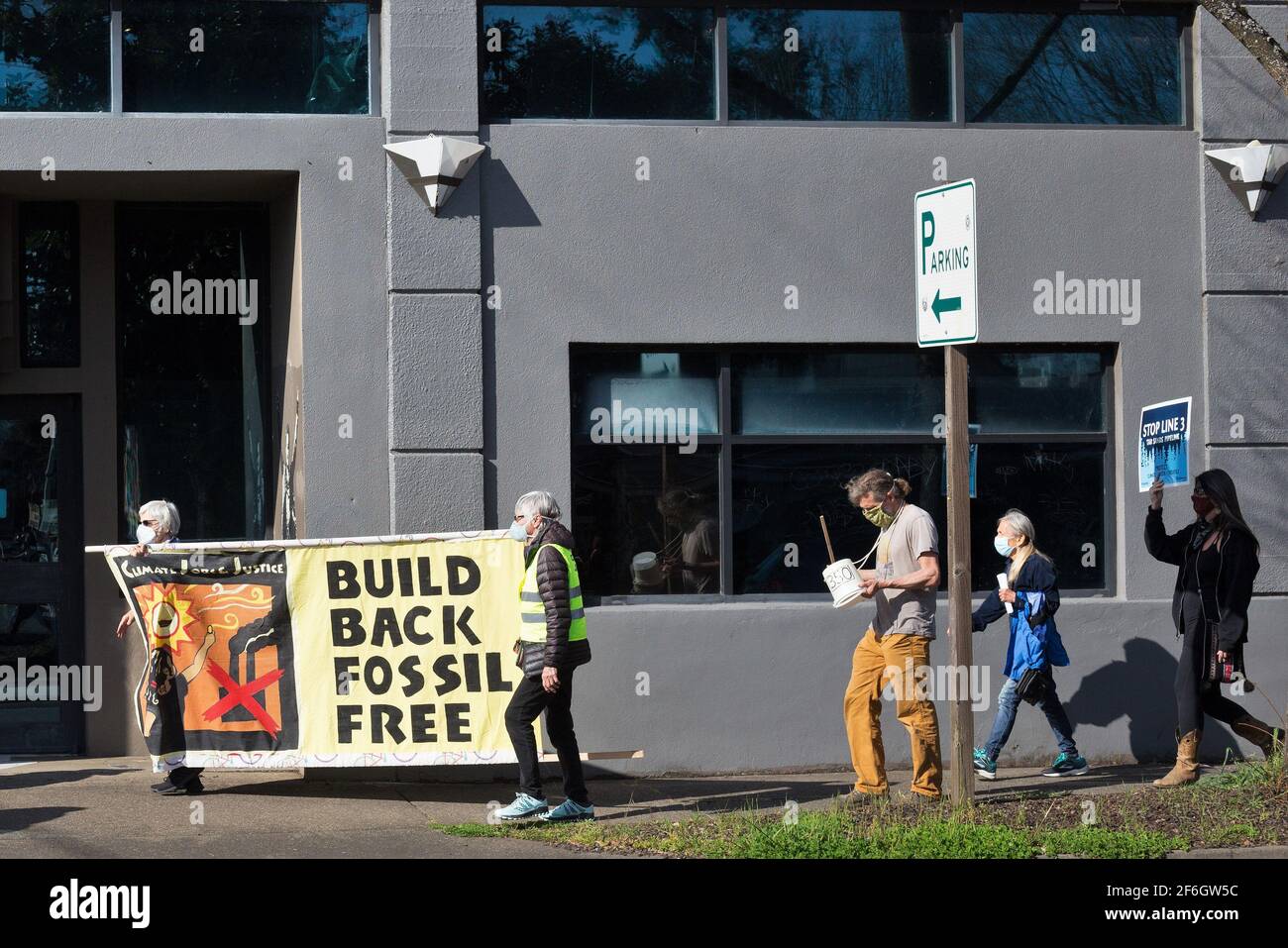 Ein Protest gegen die Ölpipeline 3 der Ölsande in Eugene, Oregon, USA. Stockfoto