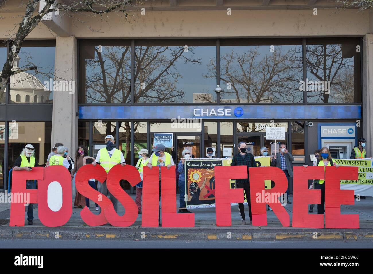 Ein Protest gegen die Ölpipeline 3 der Ölsande in Eugene, Oregon, USA. Stockfoto