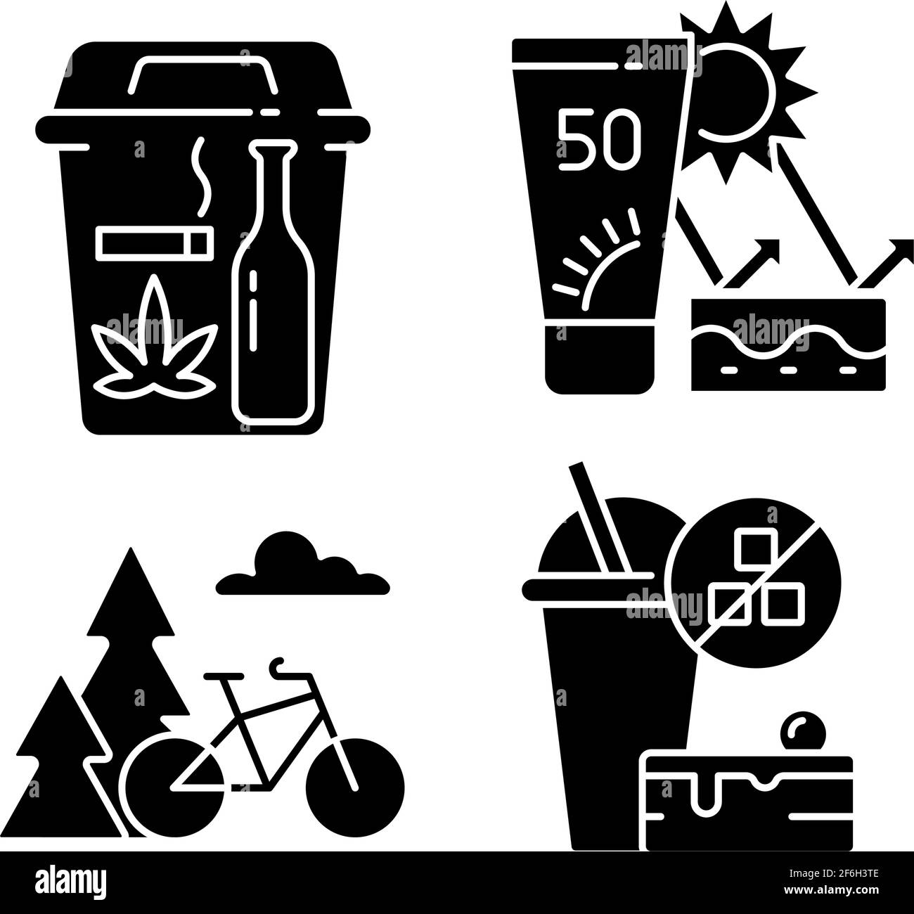 Gesunde Gewohnheiten schwarze Glyphen-Symbole auf weißem Raum gesetzt Stock Vektor