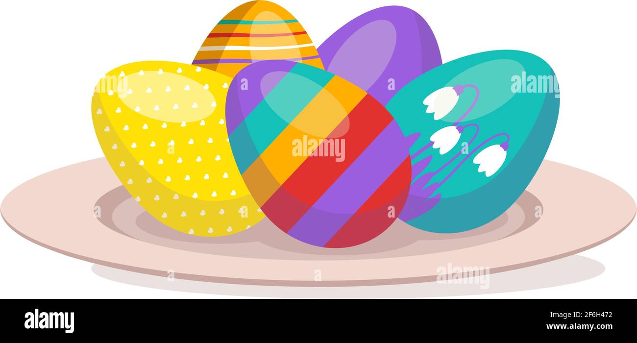 Bunte Ostereier mit Muster liegen auf einem Teller. Frohe christliche religiöse Feiertage und Traditionen. Stock Vektor