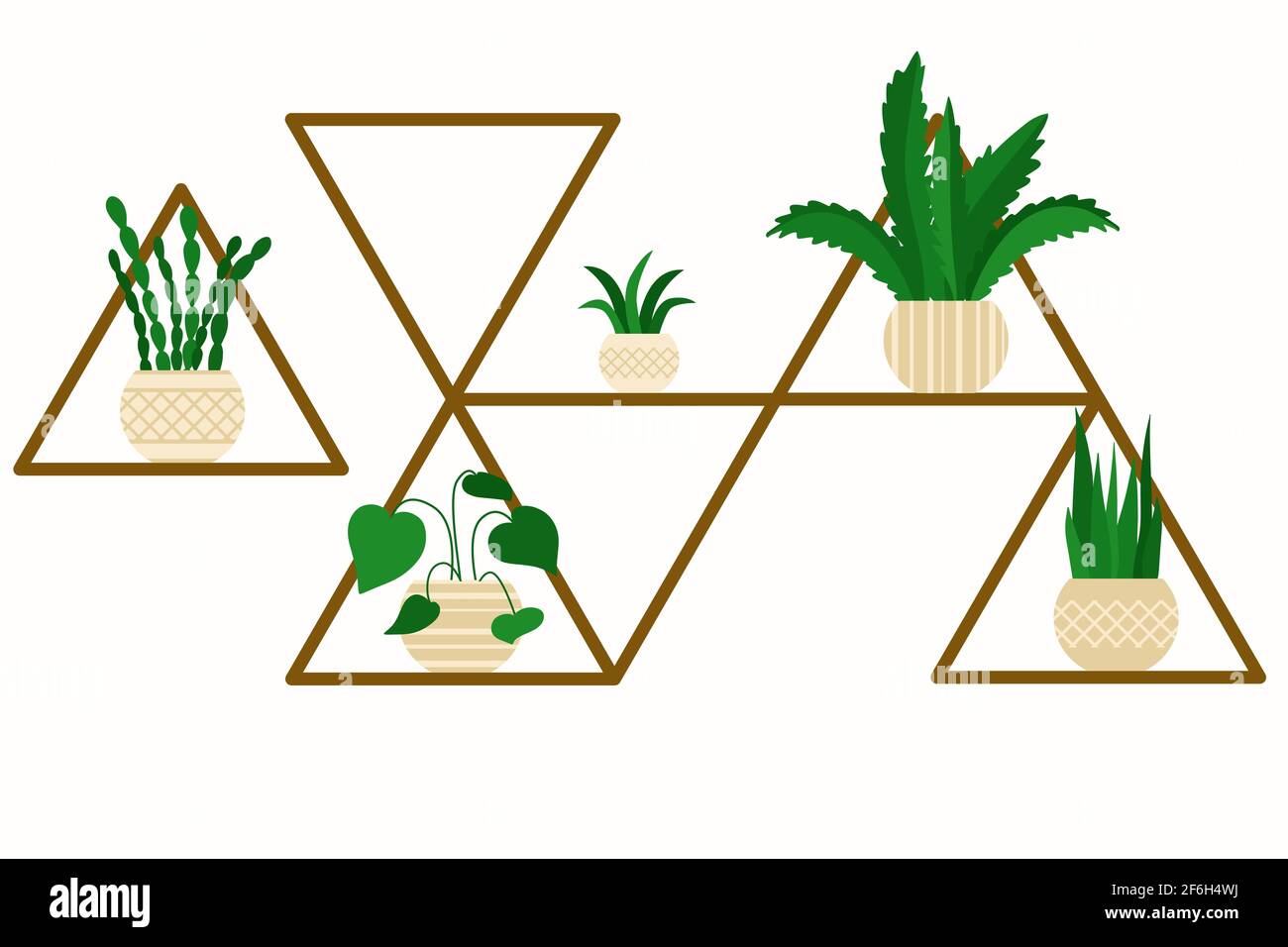 Ungewöhnliches Regal mit Blumen in Töpfen. Regal mit Pflanzen. Verschiedene Grünpflanzen im Innenbereich auf den Regalen. Vektor, Design-Element. Stock Vektor
