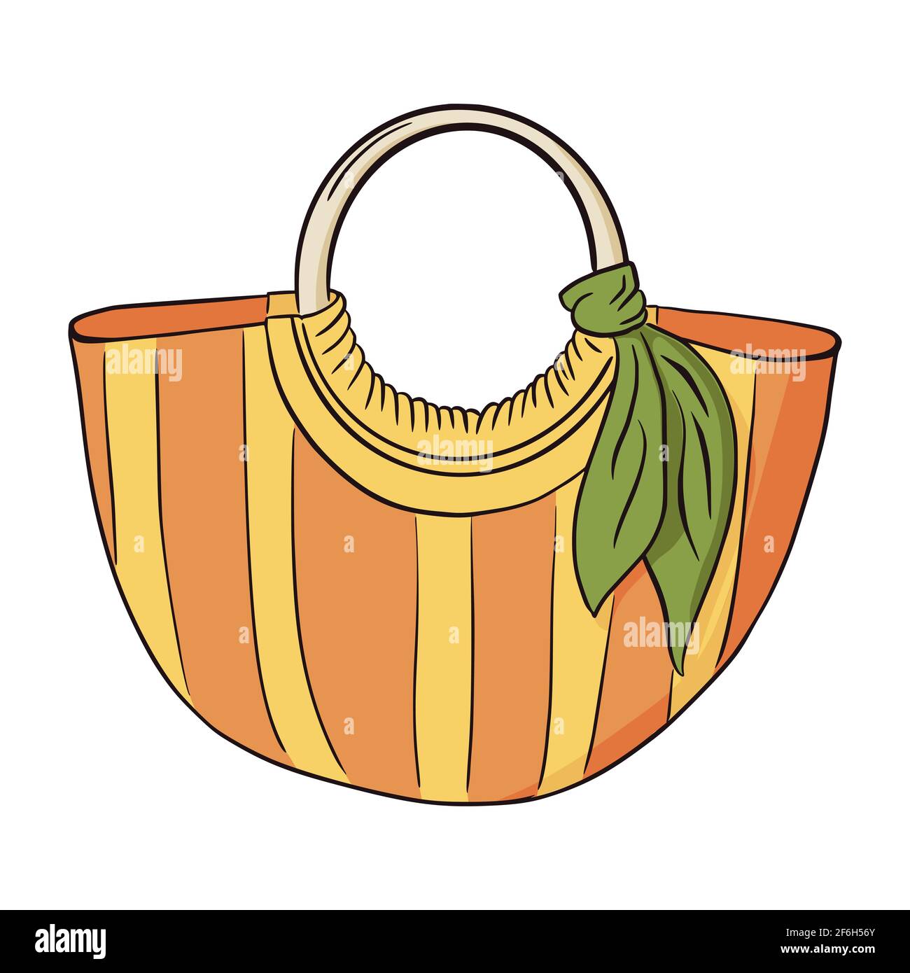 Handgezeichnete Strandtasche mit Streifen und grünem Nackentuch-Symbol. Frauen orange und gelb Geldbörse isoliert Vektor-Illustration. Flache, farbenfrohe Sommertasche für Damen Stock Vektor