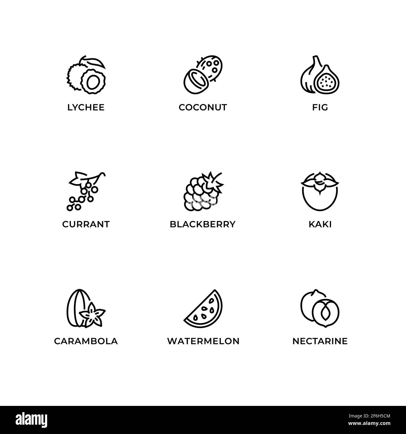 Vektor-Set von Design-Elementen, Logo-Design-Vorlage, Symbole und Abzeichen für Obst. Liniensymbole gesetzt, editierbare Kontur. Stock Vektor