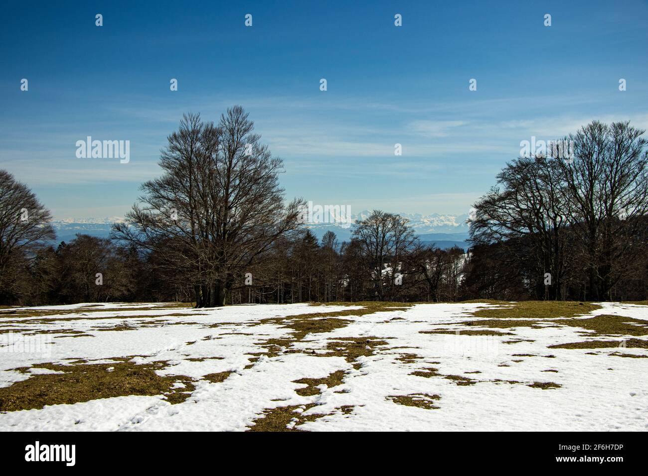 Jurassic Mountains im Frühling. Verschneite Flecken auf einer Wiese in der Nähe von Prés-d-Orvin, Schweiz. Stockfoto