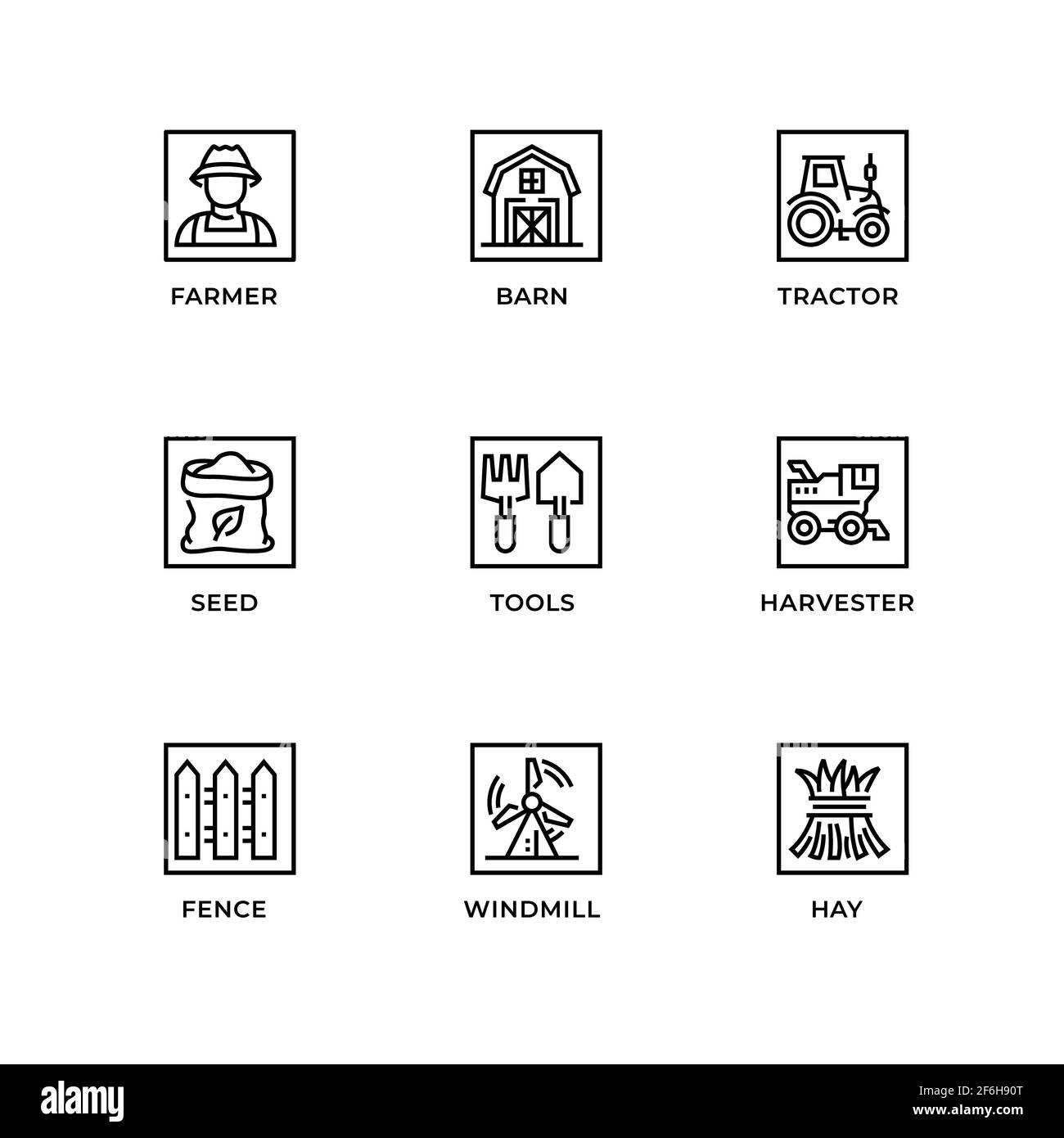 Vektor-Set von Design-Elementen, Logo-Design-Vorlage, Symbole und Abzeichen für die Landwirtschaft. Liniensymbole gesetzt, editierbare Kontur. Stock Vektor