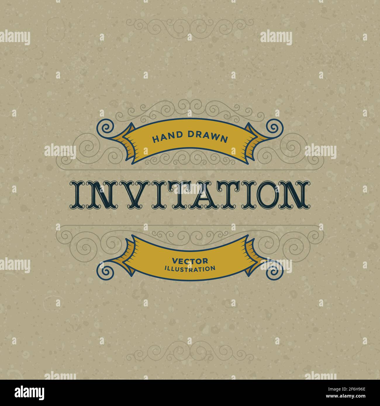 Einladung im Vintage-Stil. Umreißen Sie die kaligrtaphische Grußkarte. Gerollte Blumenrahmen Ornament. Kalligrafische Design-Elemente Illustrationen. Teil von Stock Vektor
