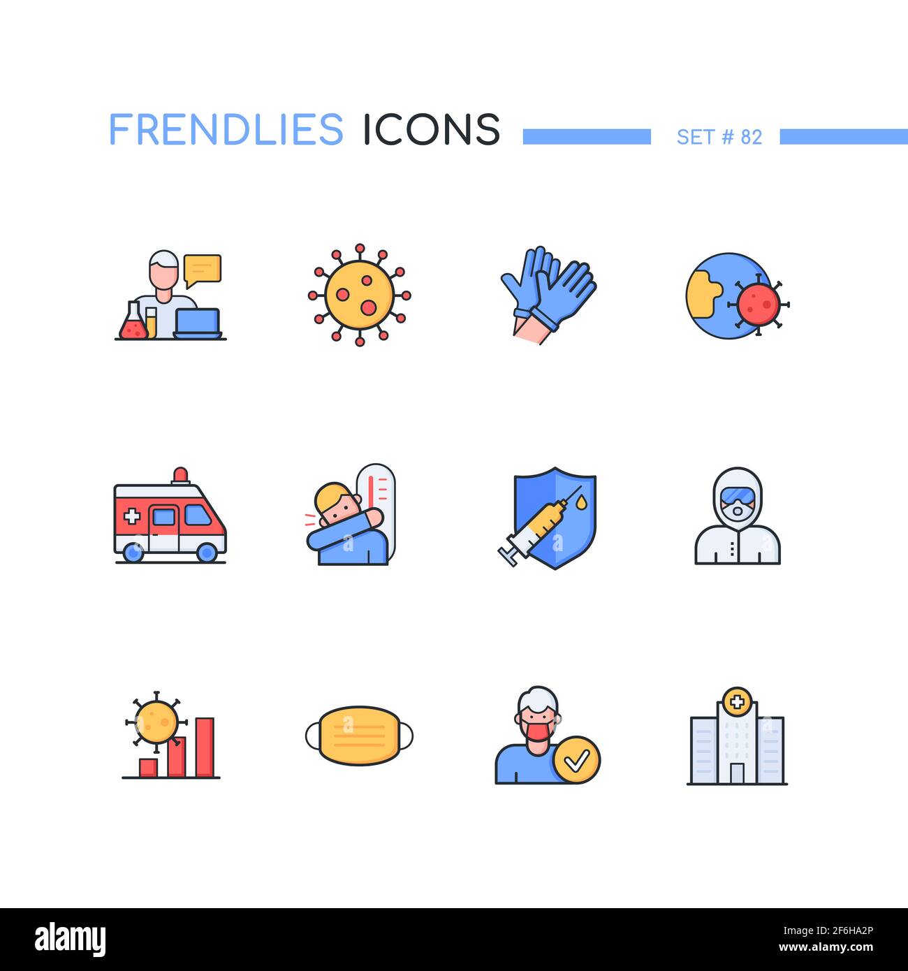 Pandemie – Symbole im farbenfrohen Liniendesign. Idee zu Infektionskrankheiten. Labor, Handschuhe, Virusvergießen, Krankenwagen, Symptome, Impfstoff, schützend Stock Vektor