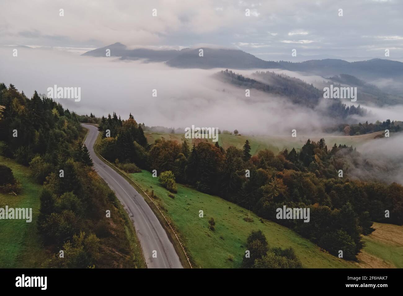 Schöner nebliger Morgen in den Bergen Stockfoto