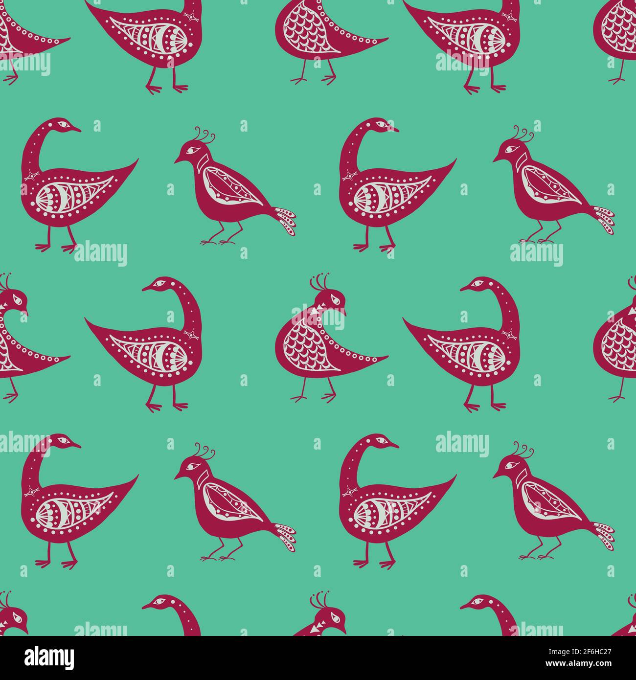 Stilisierte Vogel nahtlose Vektor-Muster Hintergrund. Mischung aus Volkskunst und alten griechischen Stil Arten von rosa Vögel auf malachitgrünen Hintergrund Stock Vektor