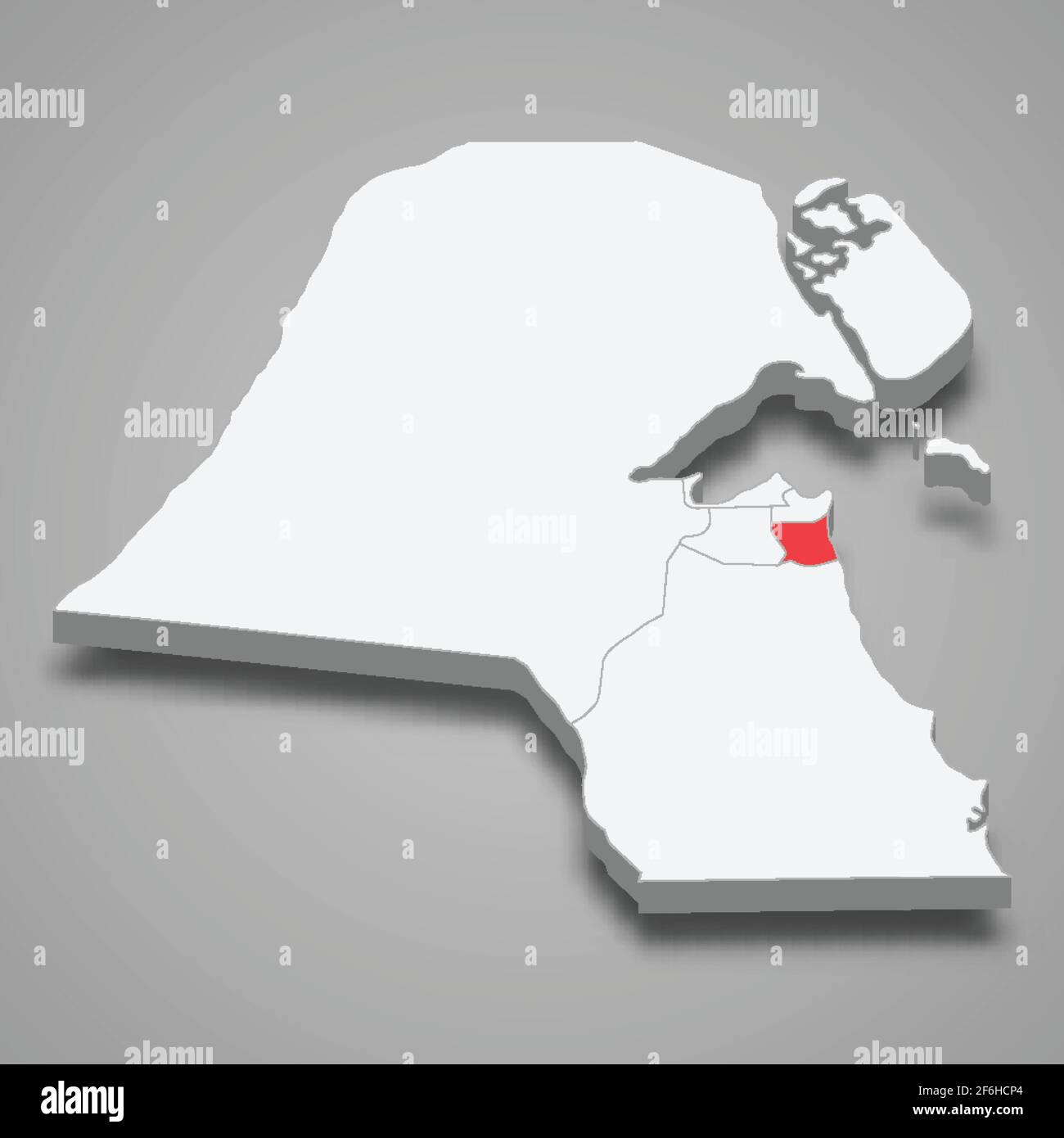 Lage der Region Mubarak Al-Kabeer innerhalb der isometrischen 3D-Karte von Kuwait Stock Vektor