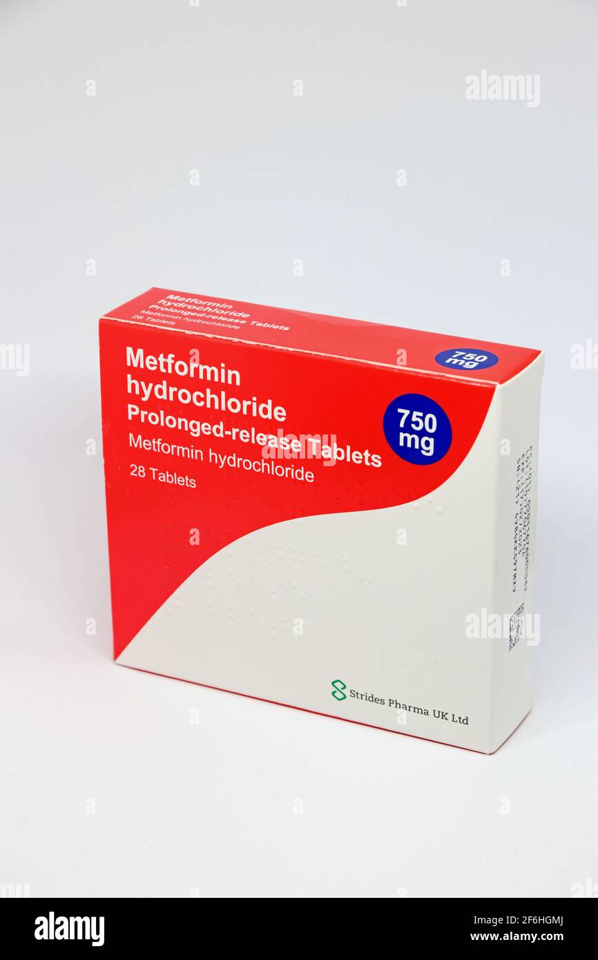 Foto der Schachtel mit Metformin Hydrochlorid 750mg Tabletten Stockfoto