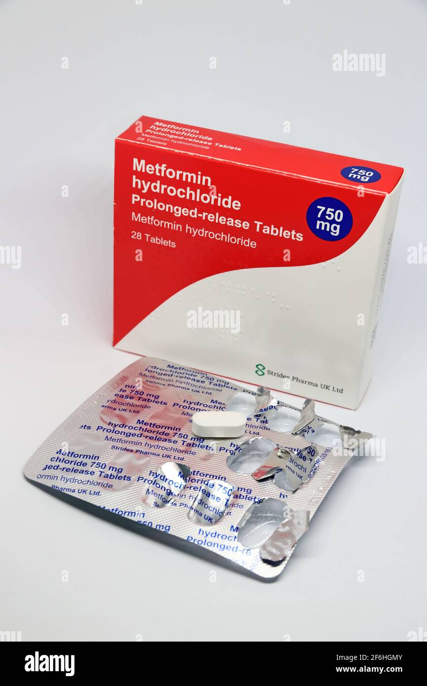 Foto der Schachtel mit Metformin Hydrochlorid 750mg Tabletten Stockfoto