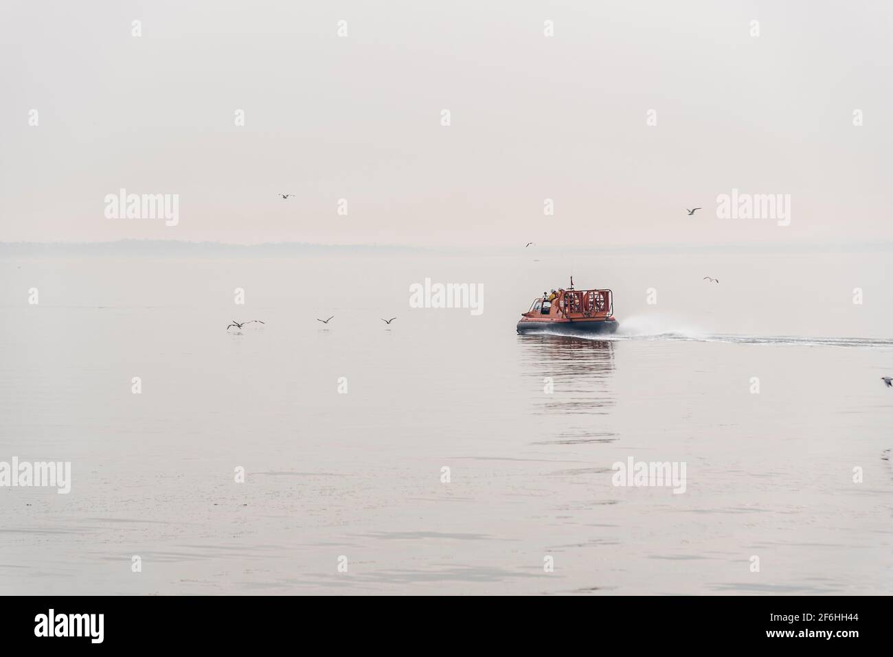 RNLI Hovercraft in Southend on Sea, Essex, Großbritannien, auf dem Weg in eine neblige Themse-Mündung. Unmerkliche Whiteout-Funktion Stockfoto