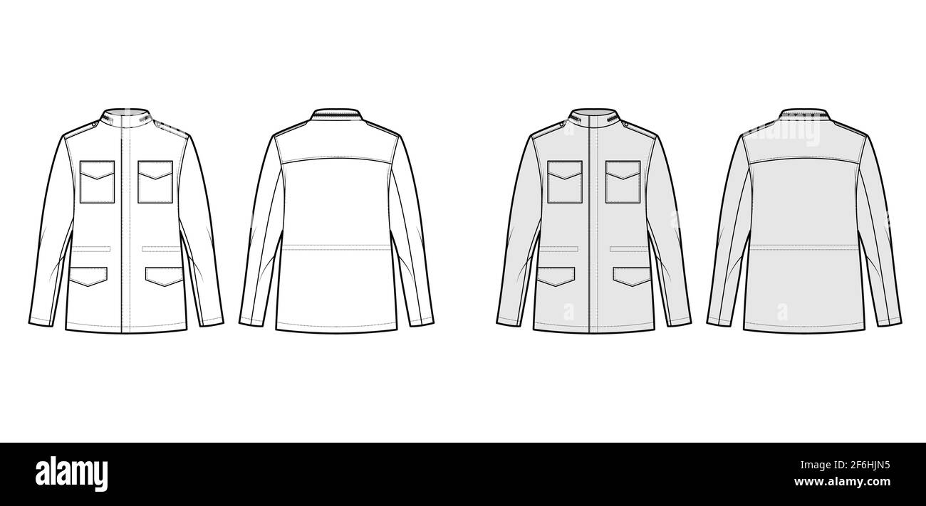 M-65 Feldjacke technische Mode-Illustration mit überdimensioniertem Stehkragen, Haube, Pattentaschen, Schulterklappen. Flache Mantelschablone vorne, hinten weiß, grau. Frauen Männer Unisex CAD Mockup Stock Vektor