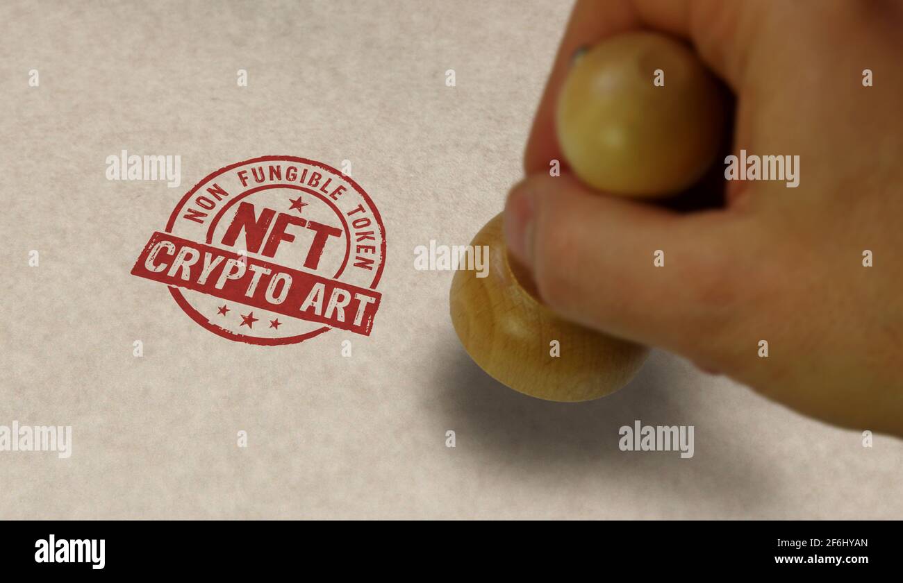 NFT Crypto Art Stempel und Stempelhand. Nicht fungibles Token für einzigartige Sammlerstücke, Blockchain und Artwork-Selling-Technologiekonzept. Stockfoto
