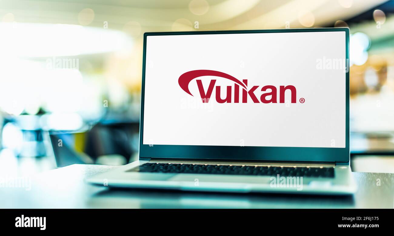 POZNAN, POL – 6. FEBRUAR 2021: Laptop-Computer mit dem Logo von Vulkan, einer plattformübergreifenden, Overhead-armen 3D-Grafik- und Computing-API Stockfoto