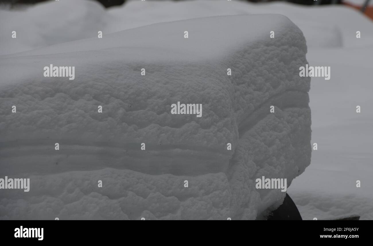 Rechteckiger Schneeknauf, der Schichten verschiedener Arten und Gewichte von Schneeschichten freilegt, abhängig von der klimatischen Schneemenge bei Winterschneelast Stockfoto