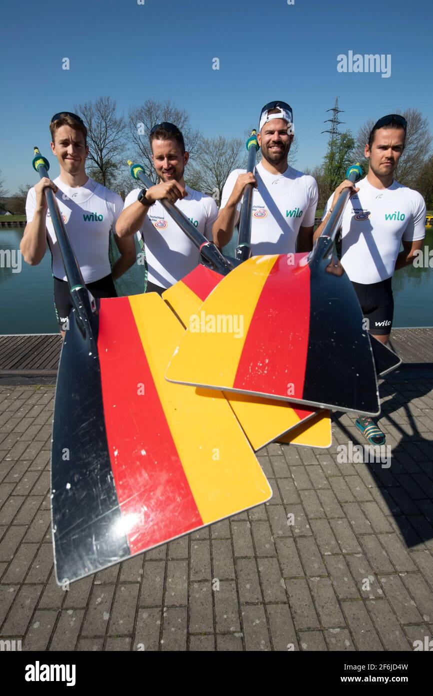 Die vier ohne Steuermann 2021, von links: Wolf-Niclas SCHROEDER (Schroder), Felix WIMBERGER, Maximilian-PLANER und Paul GEBAUER, Rudern, Präsentation Deutschland-Achter, am 31. März 2021 in Dortmund/Deutschland. Weltweite Nutzung Stockfoto