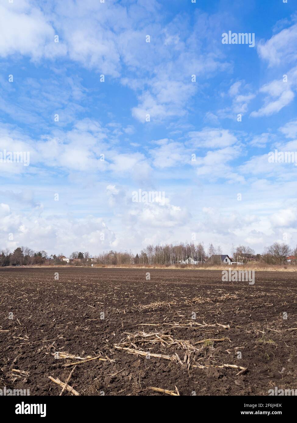 Ackerland. Vorbereitung des Feldes für die Pflanzung. Gepflügte Erde im Frühling. Landwirtschaftliche Arbeit. Stockfoto