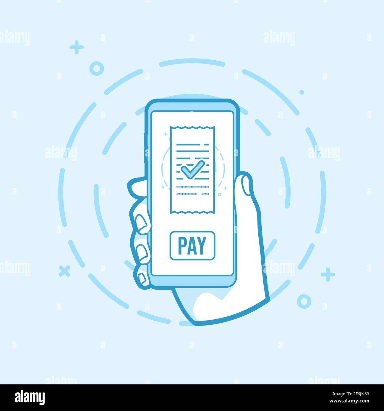 Mobiles Zahlungskonzept für Rechnungen. Rechnungen online bezahlen. Smartphone-Symbol in Linienform in der Hand halten. Stock Vektor