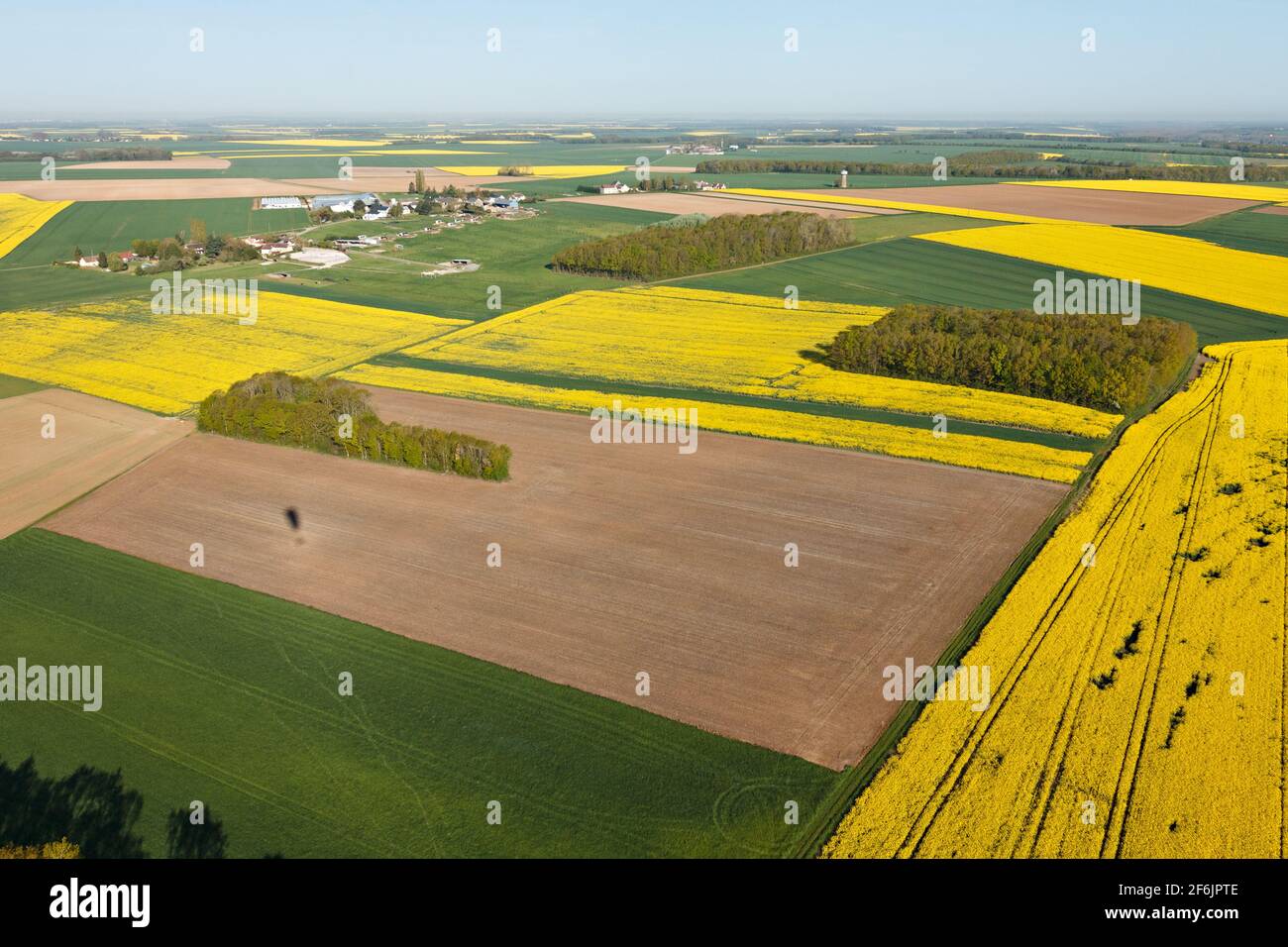 Rapsfelder, die vom Himmel aus im Département Eure-et-Loir in der Region Centre-Val de Loire, Frankreich, gesehen werden. Stockfoto