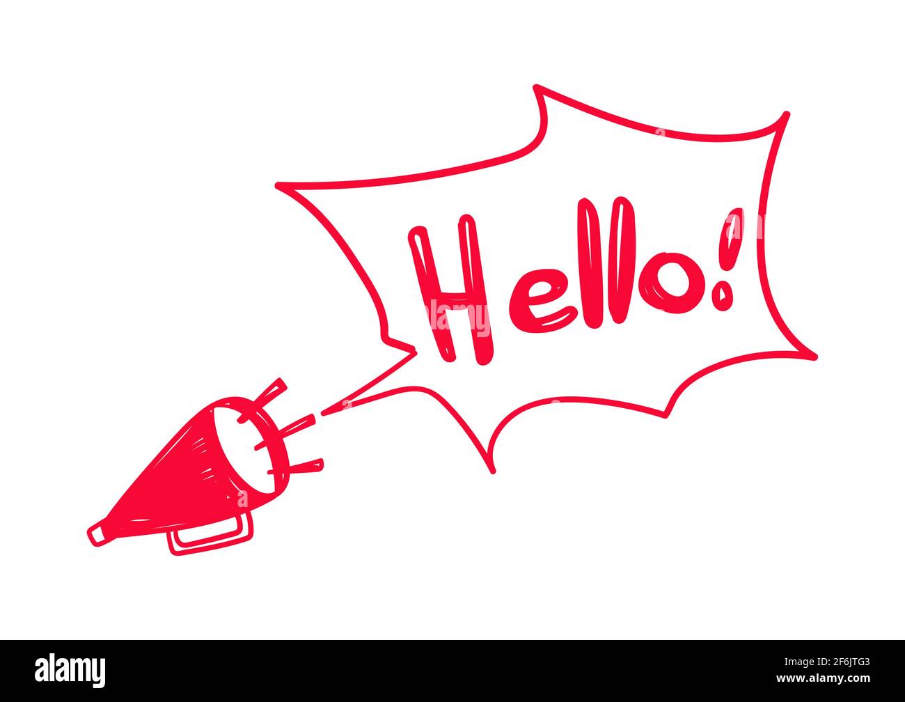 Handgezogener Lautsprecher mit Text Hello Speech Bubble. Stock Vektor