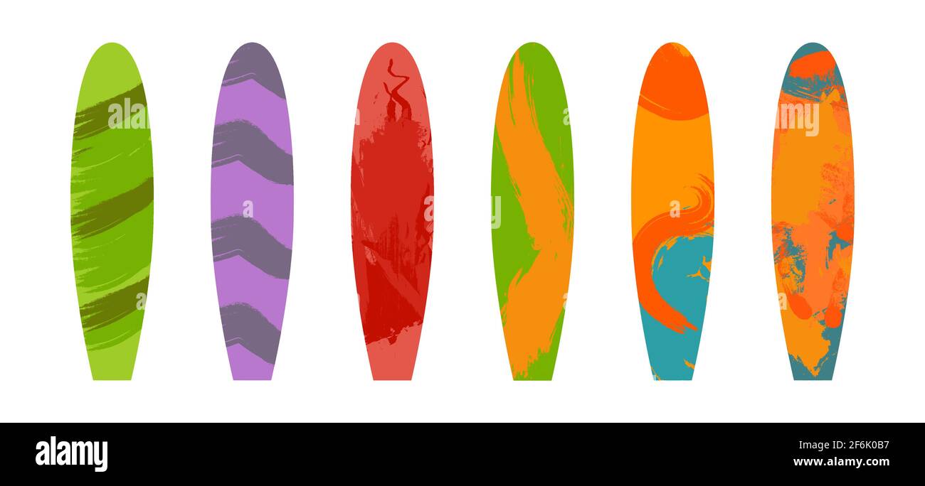 Satz Surfbretter mit verschiedenen Designs. Vektordarstellung auf weißem Hintergrund isoliert Stock Vektor