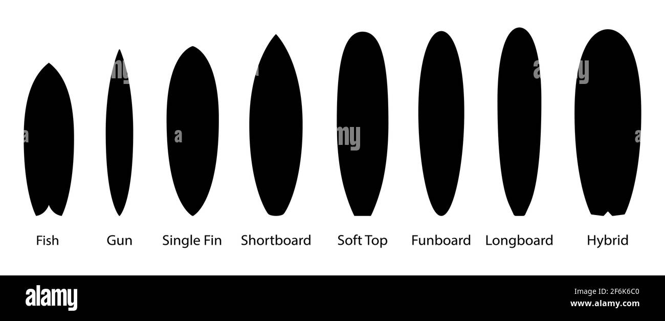 Großer Satz von schwarzen Surfbrettern. Vektor-Design für Infografiken und Poster. Surfboard-Symbole. Stock Vektor