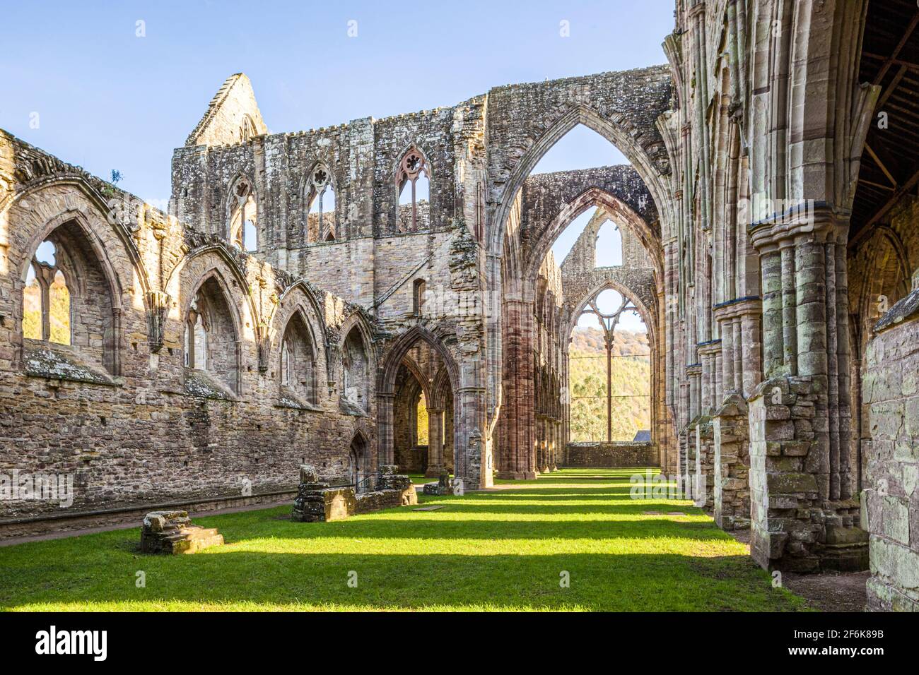 Tintern Abbey, eine Zisterzienserabtei aus dem 12. Jahrhundert am Ufer des Flusses Wye in Tintern, Monmouthshire, Wales, Großbritannien Stockfoto