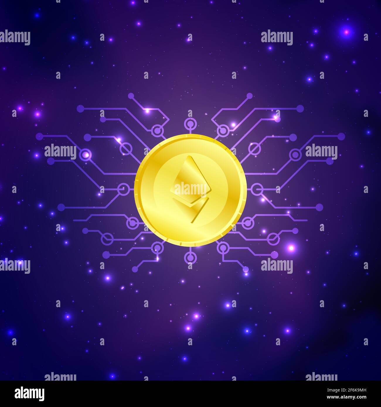 Ethereum-Schild auf goldener Münze futuristischer neon-violetter Hintergrund Stock Vektor