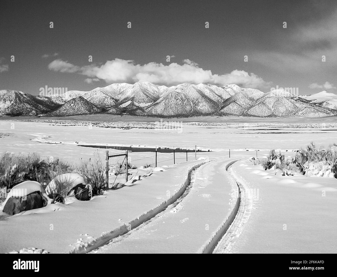 Reifenspuren im Schnee führen zu den Bergen im Owen's Valley. Stockfoto