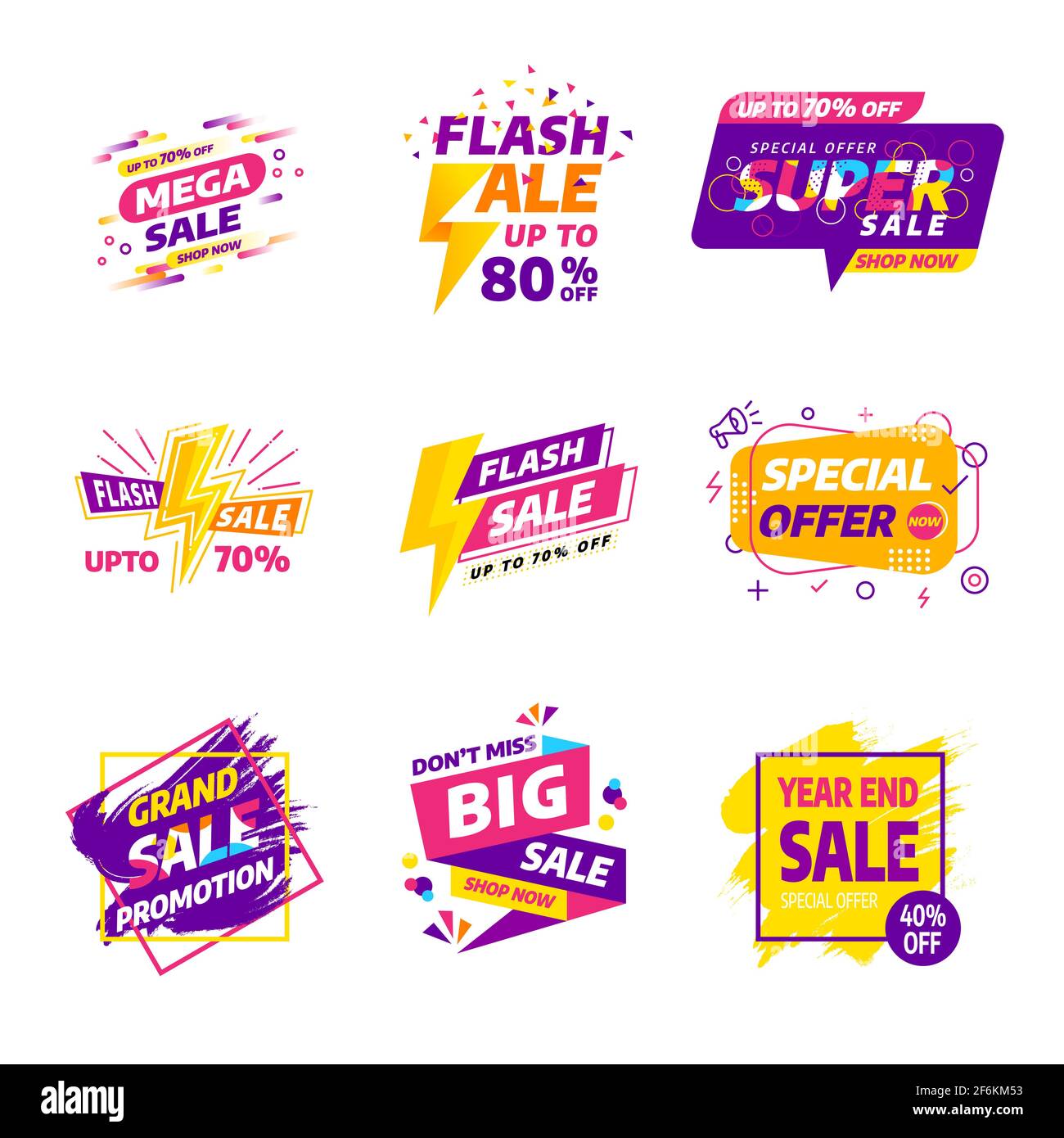 Verkauf Banner Abzeichen Design Vorlage Vektor-Set. Verschiedene Stil bunte Konzepte, Jahresende, Sommer, Flash, große Verkaufsförderung Stock Vektor