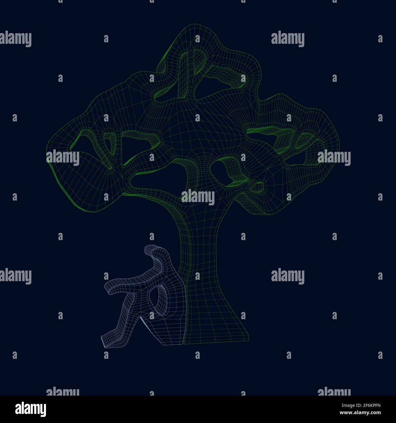 Wireframe abstrakter grüner Baum mit einem Mann, der in der Nähe sitzt. 3D. Vektorgrafik. Stock Vektor