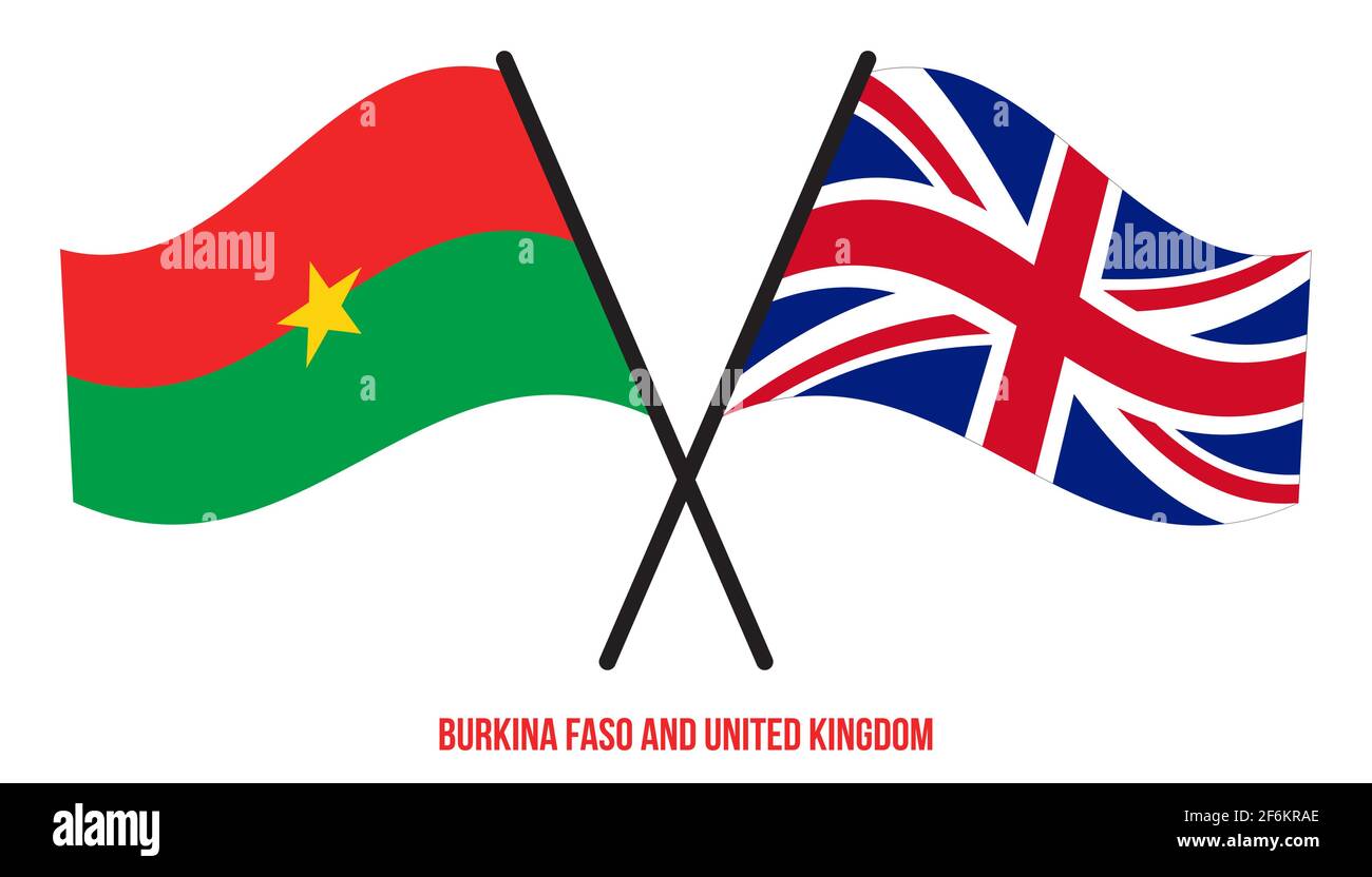 Burkina Faso und Großbritannien Flaggen gekreuzt Flat Style. Offizieller Anteil. Richtige Farben. Stock Vektor