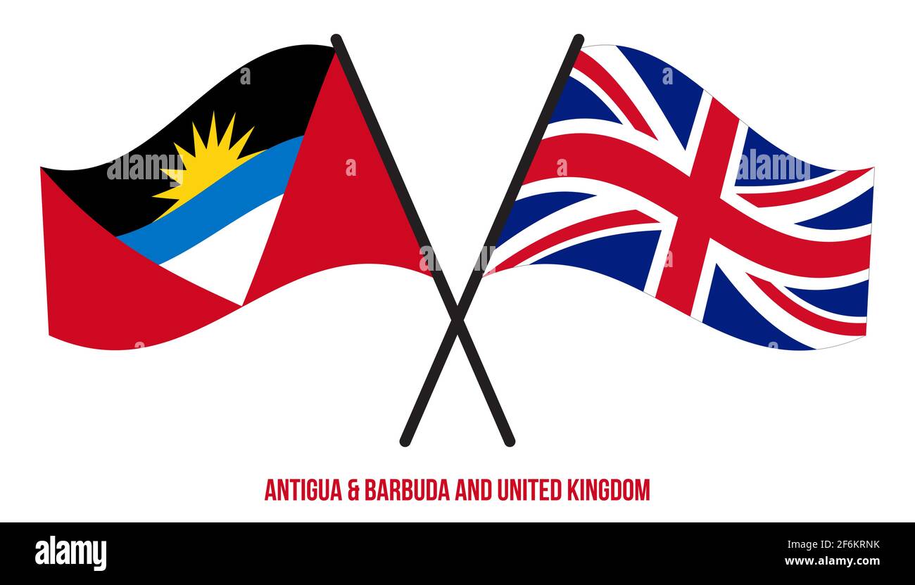 Antigua & Barbuda und Großbritannien Flaggen gekreuzt & winken Flat Style. Offizieller Anteil. Richtige Farben. Stock Vektor