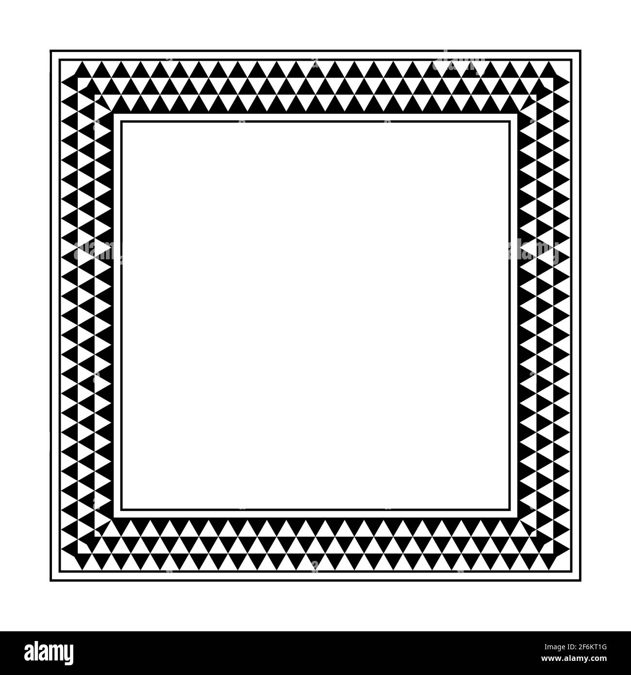 Rechteckiger Rahmen mit Karomuster und Dreieck. Länglicher Rand mit gezacktem Muster, bestehend aus drei Reihen von schwarzen und weißen abwechselnd Dreiecken. Stockfoto